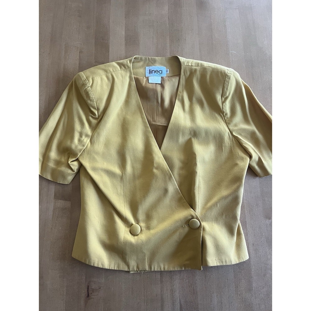 Vintage Linea Moda Yellow Short Sleeve Wrap Front Blouse Button Top